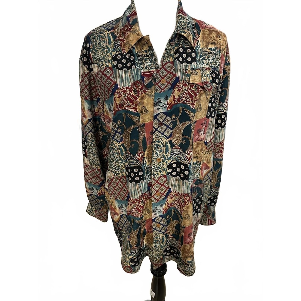 Vintage Patchwork Paisley Print Button Up Shirt Long Sleeve Earth Tone Boho L